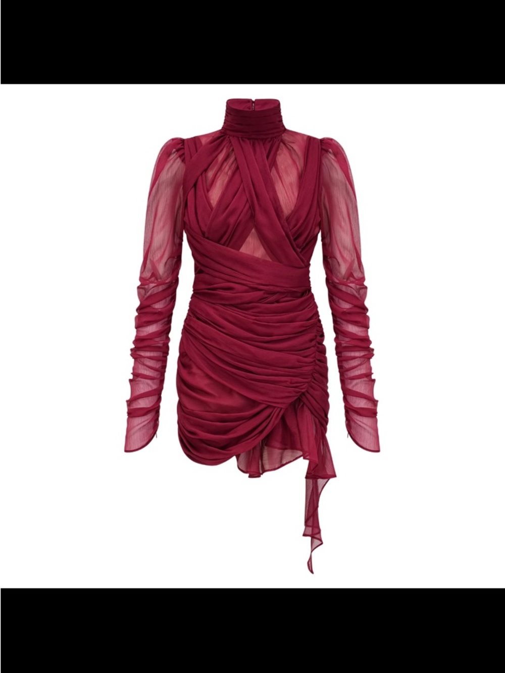 Ruched Burgundy Sheer Mini Dress with High Neck - Picture 2 of 3